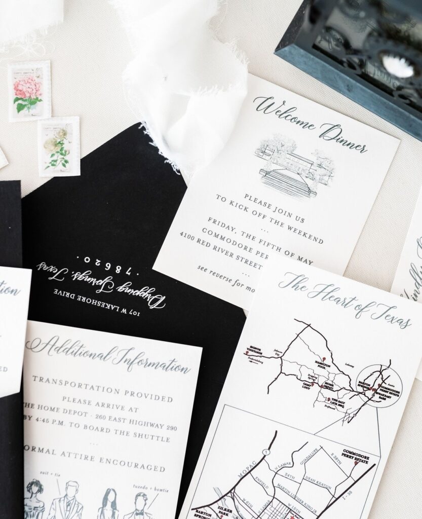Nothing beats a timeless black-and-white invitation. daisyprintcompany took it to the next level with thoughtful details like a custom map,