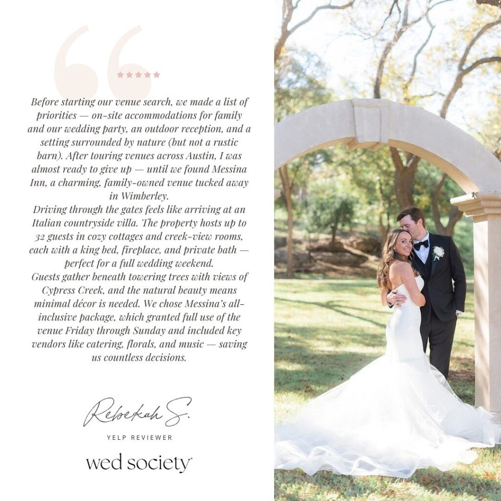 If you’re searching for an all-inclusive wedding experience, look no further than messinainntx. Rebekah’s glowing review shares why this charming